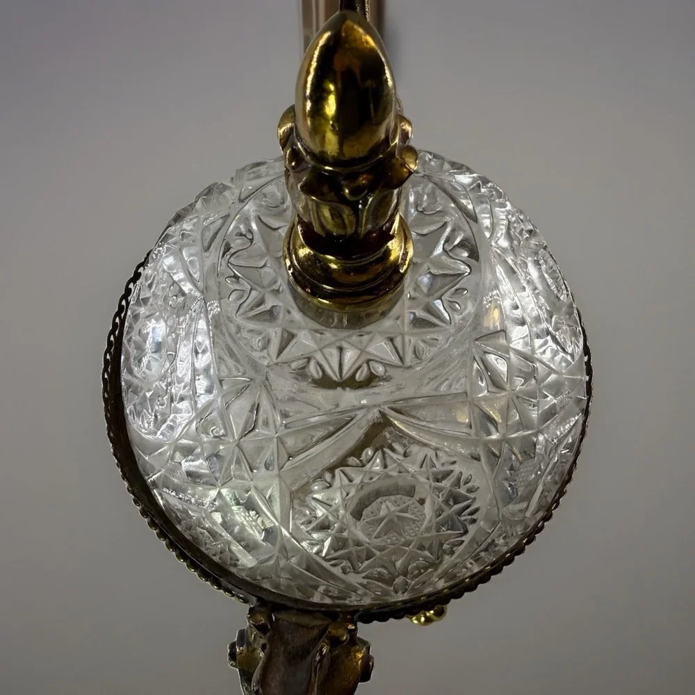 Vintage Hollywood Regency Cut Crystal Candy Dish Brass Cherub Lidded Compote